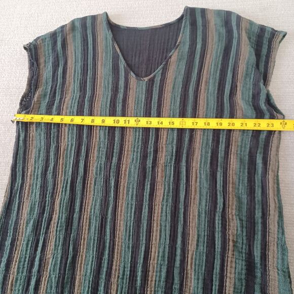 Eileen Fisher Dress Women M Green Striped Gauzy Casual Minimalist V Neck Coastal - Picture 6 of 9